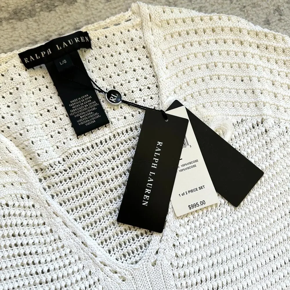 NWT Ralph Lauren Black Label Ivory Pointelle Knit Crochet Dress Size L